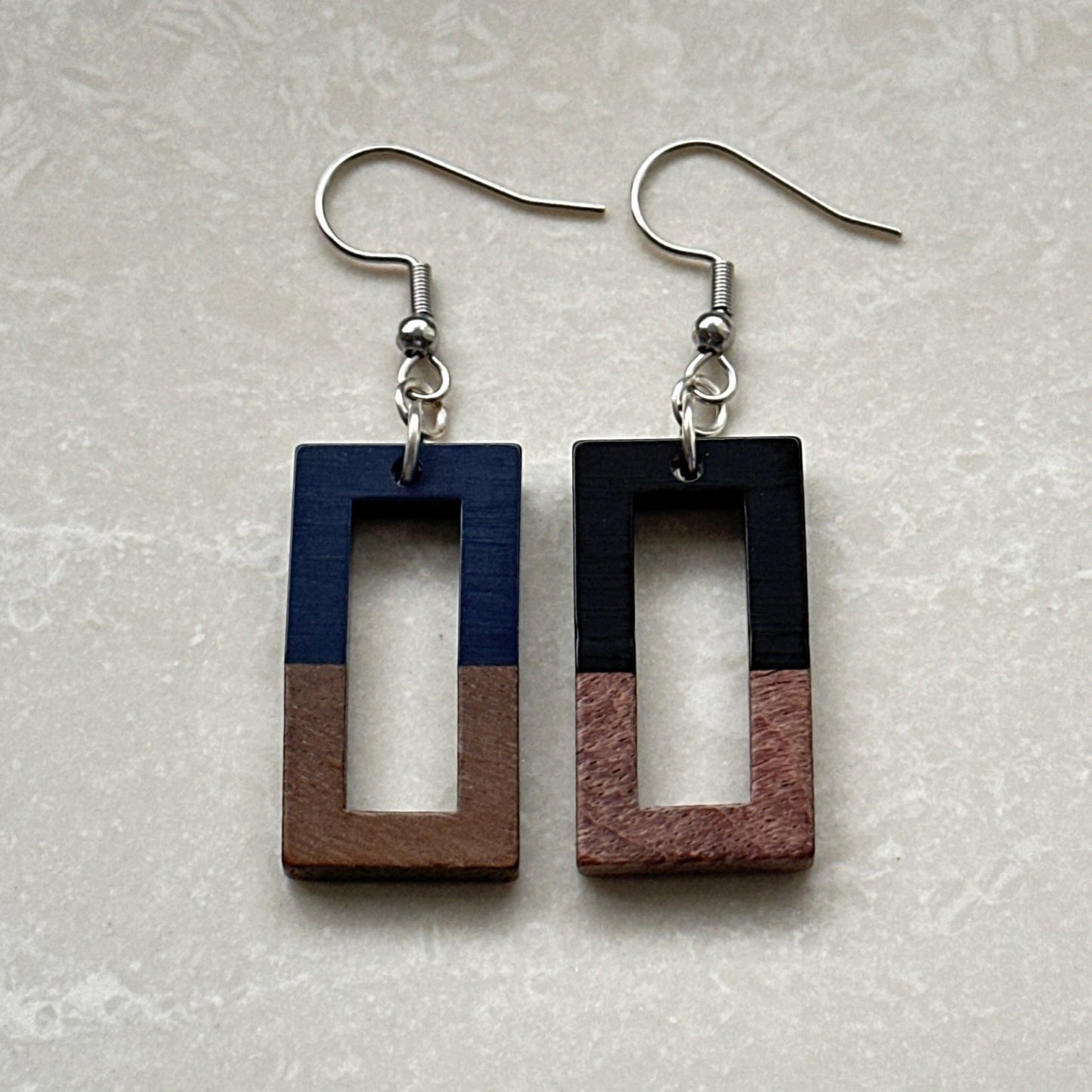 Resin & Wood Earrings - Black Rectangle