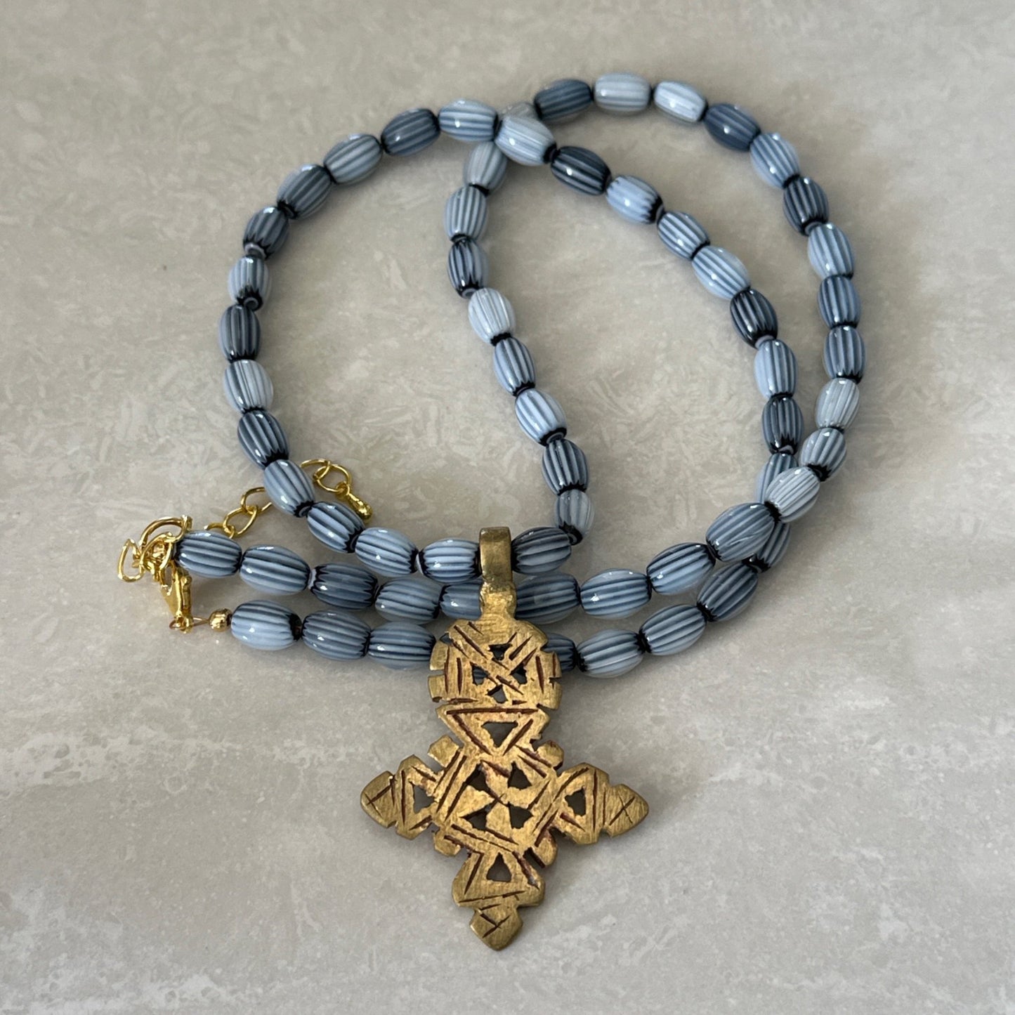 Gray Striped Bead Coptic Cross Necklace - Uplift Beads