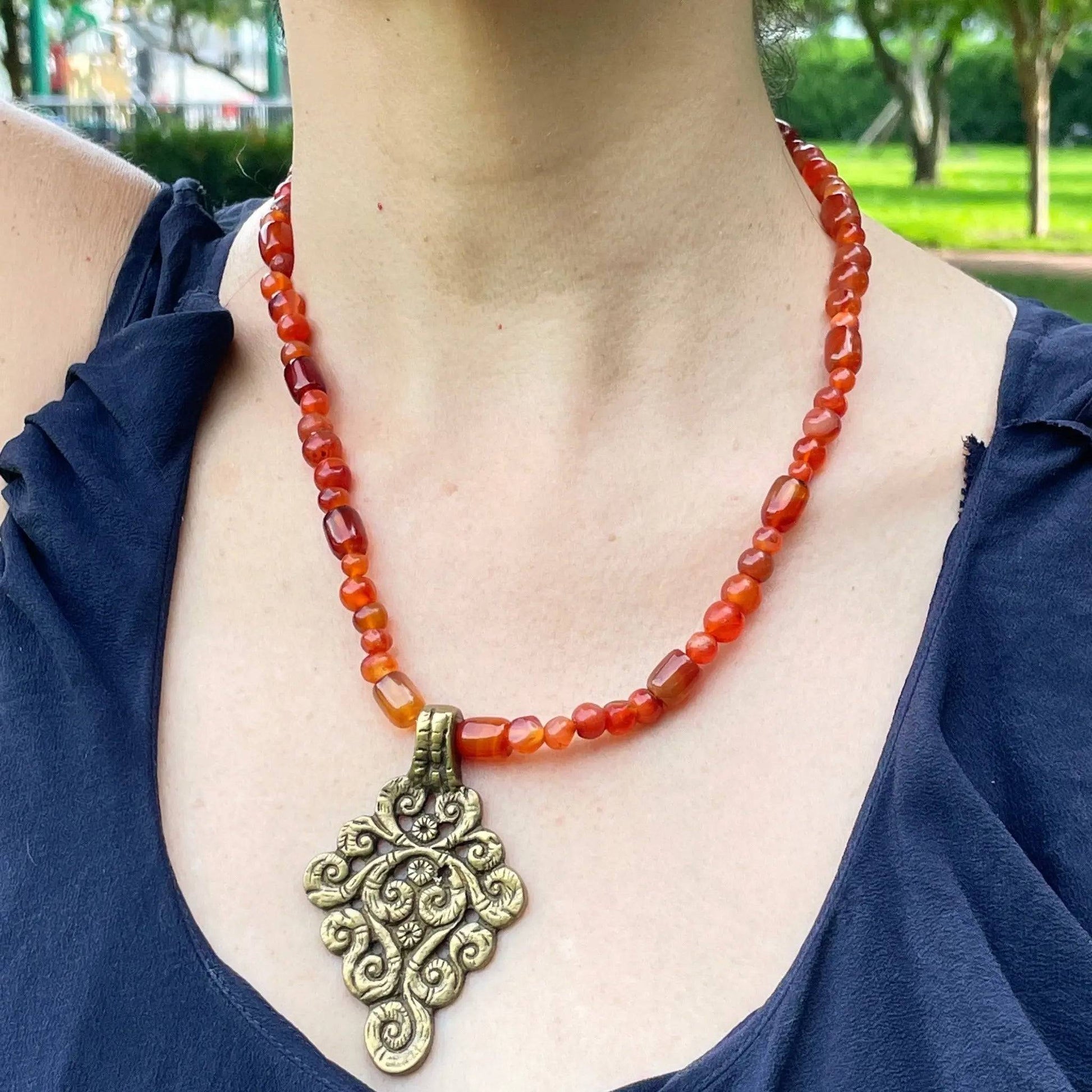 Carnelian Brass Pendant Necklace - Uplift Beads